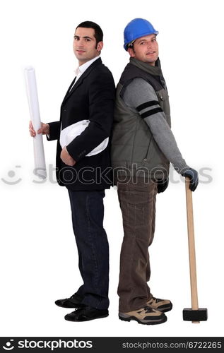 Architect and foreman standing back to back on white background