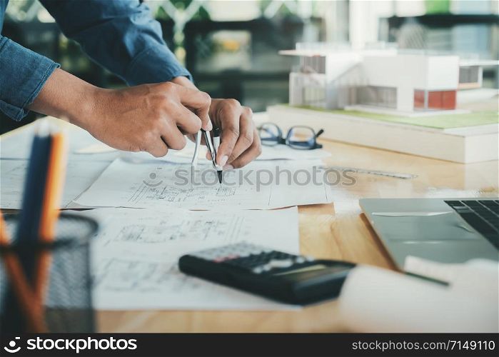 Architect or engineer working in office, Construction concept. Engineering tools.
