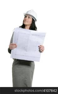 Architect woman white hardhat and plan isolated on white