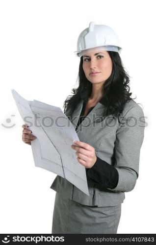 Architect woman white hardhat and plan isolated on white