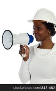 Architect woman with an megaphone on a over white background