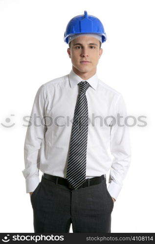 Architect young engineer portrait hardhat isolated on white at studio