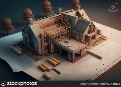 architects model house with plan and blueprints. Neural network AI generated art. architects model house with plan and blueprints. Neural network AI generated