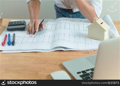 Architects who work on blueprints. Architect's Workplace - Architectural Blueprint Project Construction concept Engineering tools front view