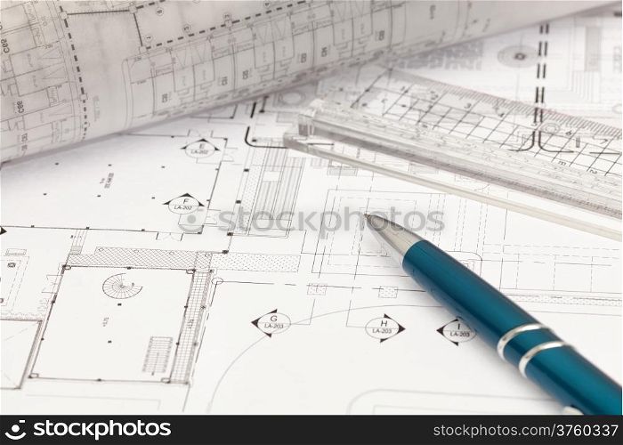 Architectural cad drawing on working table
