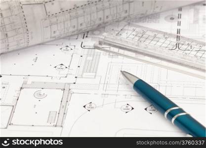 Architectural cad drawing on working table