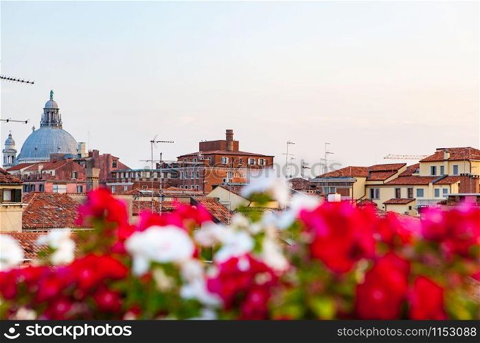 Architectural city skyline of Venice, Italy with historical houses with colorful blurred flowers on the foreground.. Historical urban sityscape with colored flowers on the forefront.