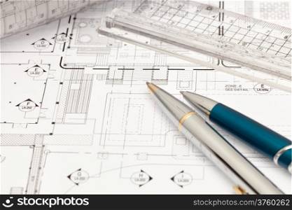 Architectural design plan with pen