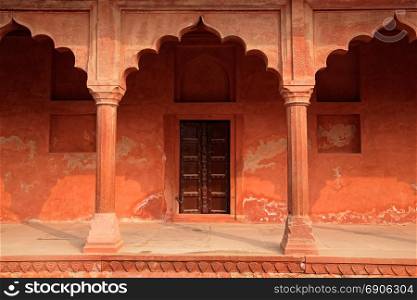 Architectural detail at the entrance to the famous Taj Mahal, Agra, India