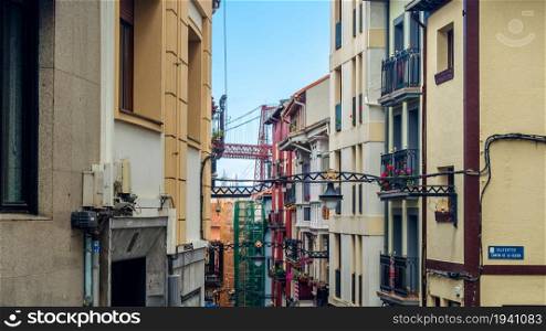 Architectural detail, colorful facades in the old town of Portugalete, Basque Country, Spain