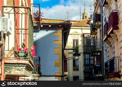 Architectural detail, colorful facades in the old town of Portugalete, Basque Country, Spain