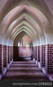 Architectural detail. Interior of old empty hall. Arch of medieval castle or monastery.