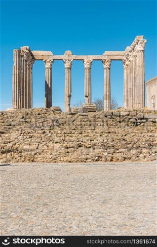 Architectural detail of the Roman temple of Evora in Portugal or Temple of Diana. It is a UNESCO World Heritage Site.