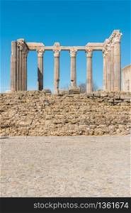 Architectural detail of the Roman temple of Evora in Portugal or Temple of Diana. It is a UNESCO World Heritage Site.