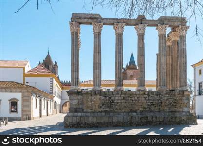 Architectural detail of the Roman temple of Evora in Portugal or Temple of Diana. It is a UNESCO World Heritage Site