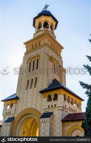Architectural details of cathedral. View of church in Alba Iulia, Romania, 2021.