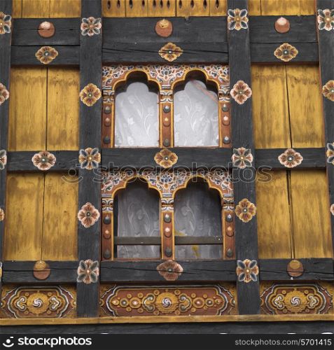 Architectural details of the windows of Rinpung Dzong, Paro Valley, Paro District, Bhutan