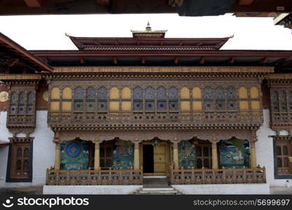 Architectural details of windows of Punakha Dzong, Punakha, Bhutan