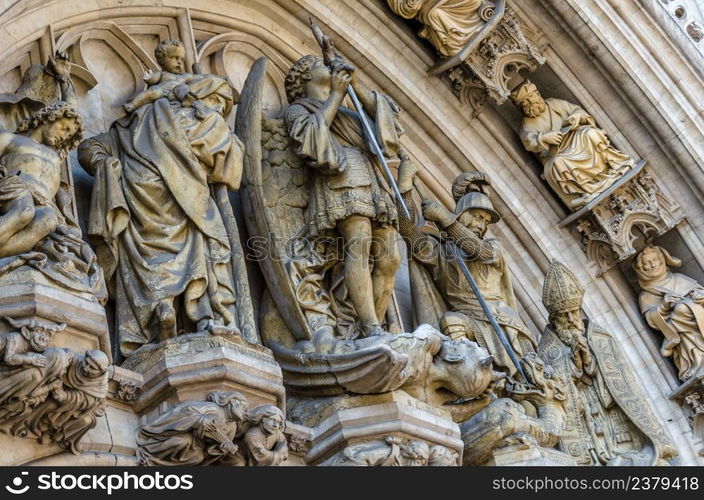 Architectural details on the facades of the Grand Place in Brussels, Belgium