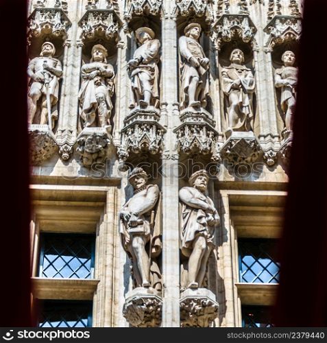 Architectural details on the facades of the Grand Place in Brussels, Belgium