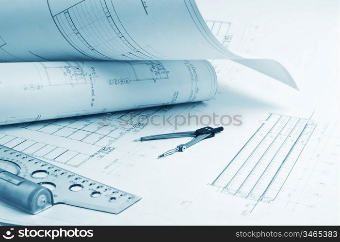 architectural drawing with a ruler and compass