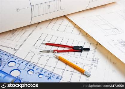 architectural drawing with a ruler and compass