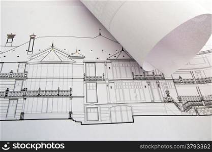 Architectural drawings of the building in the unfolded state