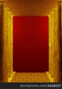 Architectural interior background. Red wall surrounded with yellow columns, ceiling and floor