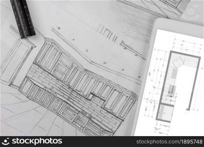 Architectural kitchen project makes a blueprint according to the custom kitchen design drawing. Architectural kitchen project makes a blueprint according to the drawing