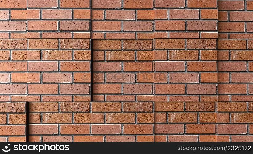 Architectural masonry with 3d render of square cutouts. Fashionable style of construction with rough brick blocks and layers of hardened mortar. Urban minimalism of buildings with simple design. Architectural masonry with 3d render of square cutouts. Fashionable style of construction with rough brick blocks and layers of hardened mortar. Urban minimalism of buildings with simple design.. Brick wall with niches