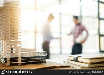 Architectural Office desk background construction project ideas concept, With drawing equipment