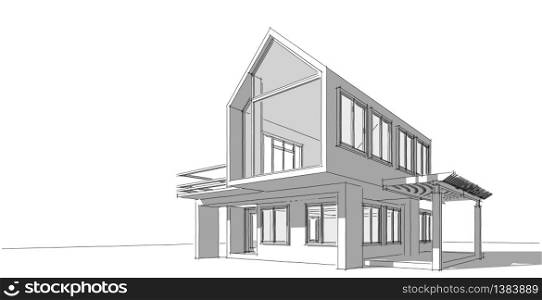 Architectural sketch line, House design work free hands drawing, Blueprint construction, 3D illustration