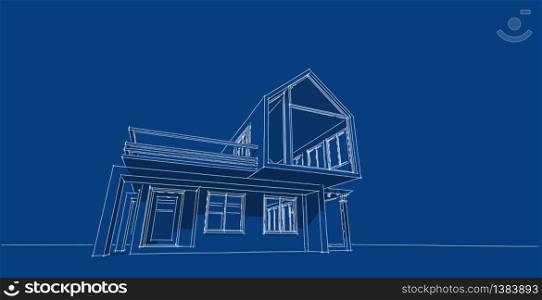 Architectural sketch line, House design work free hands drawing, Blueprint construction, 3D illustration