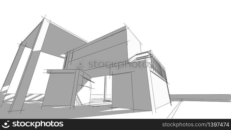 Architectural sketch line, Modern house design work free hands drawing, Blueprint construction, 3D illustration.