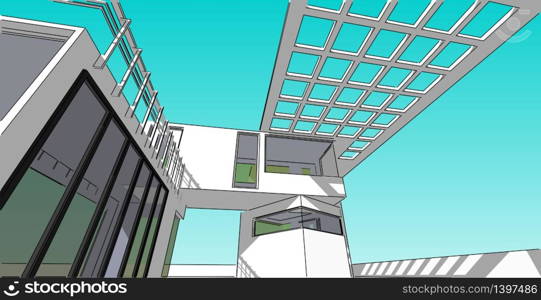 Architectural sketch line, Modern house design work free hands drawing, Blueprint construction, 3D illustration.