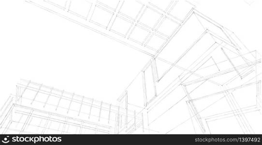 Architectural sketch line, Modern house design work free hands drawing, Blueprint construction, 3D illustration.