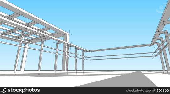 Architectural sketch line, Modern house design work free hands drawing, Blueprint construction, 3D illustration.