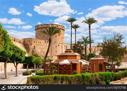 Architecture and garden of ancient Cairo Citadel at sunny day, Egypt. Ancient Citadel in Cairo
