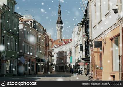 architecture and urban concept - empty street of Tallinn city old town over snow. empty street of Tallinn city old town