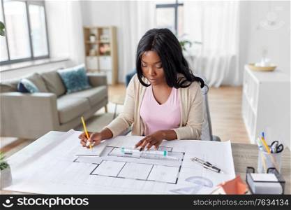 architecture, building, construction and real estate concept - african american female architect with blueprint, ruler and living house model on table working at home office. female architect with house model and blueprint