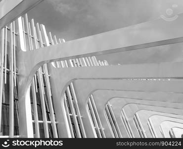 Architecture building design modern with concrete arches in perspective.Black and White tone.