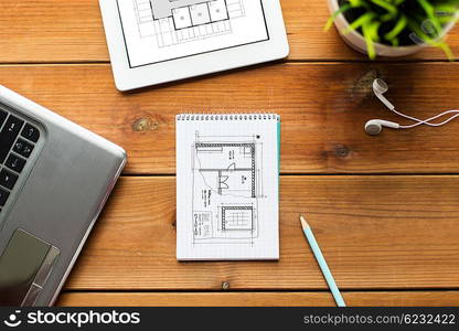 architecture, business, education and technology concept - close up of notebook, laptop and tablet pc computer with blueprint of room on wooden table