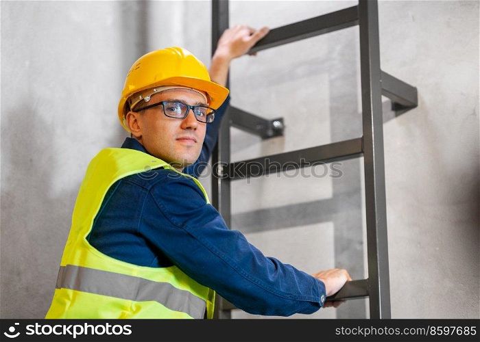 architecture, construction and building concept - male architect in helmet, goggles and safety west climbing ladder or stairs. architect in helmet and goggles climbing stairs