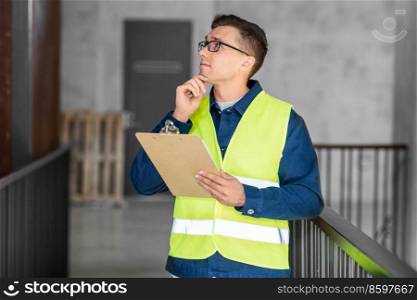 architecture, construction business and building concept - male architect in safety west with clipboard working at office. male architect with clipboard at office