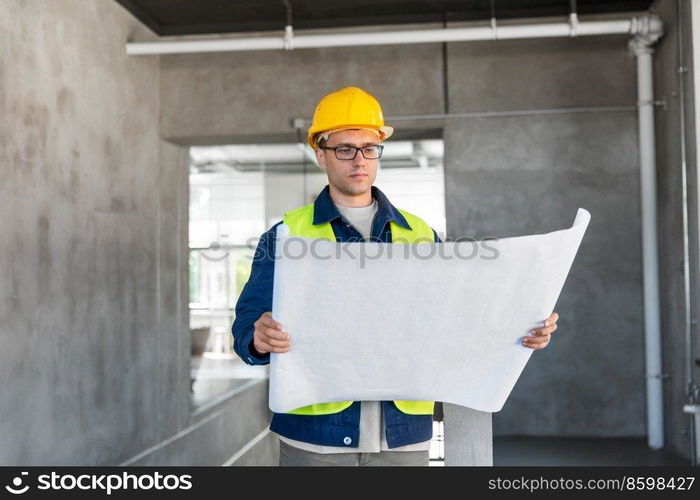 architecture, construction business and people concept - male architect in helmet with blueprint at office. male architect in helmet with blueprint at office