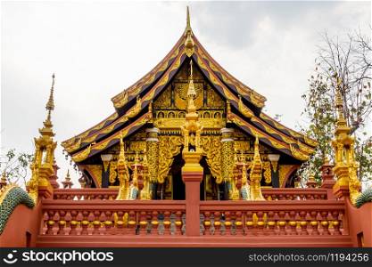 Architecture, decoration and the name in Thai Language of the building at Wat Phra That Doi Phra Chan on the mountain in Mae Tha District, Lampang, Thailand.