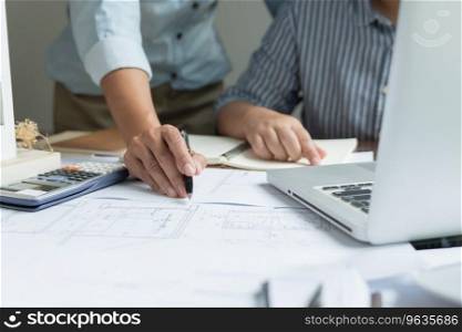 Architecture drawing on architectural Creative project business architecture building construction Industrial engineering Achievement Planning Design on blueprint Teamwork Concept