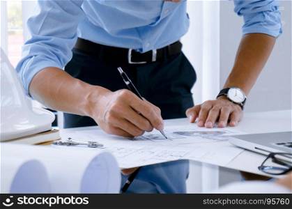 Architecture drawing on architectural project business architecture building construction and people concept