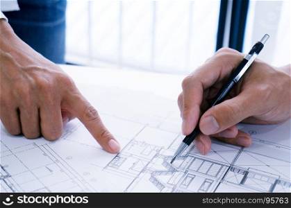 Architecture drawing on architectural project business architecture building construction and people concept