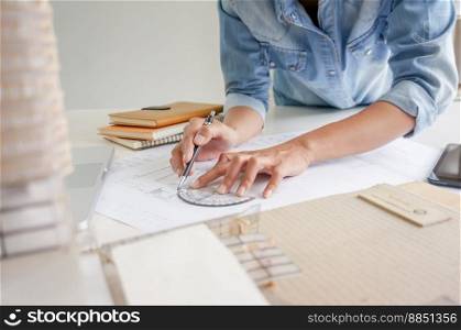 Architecture drawing on architectural project business architecture building construction Colleagues interior designer Corporate Planning Design on blueprint Teamwork with compasses